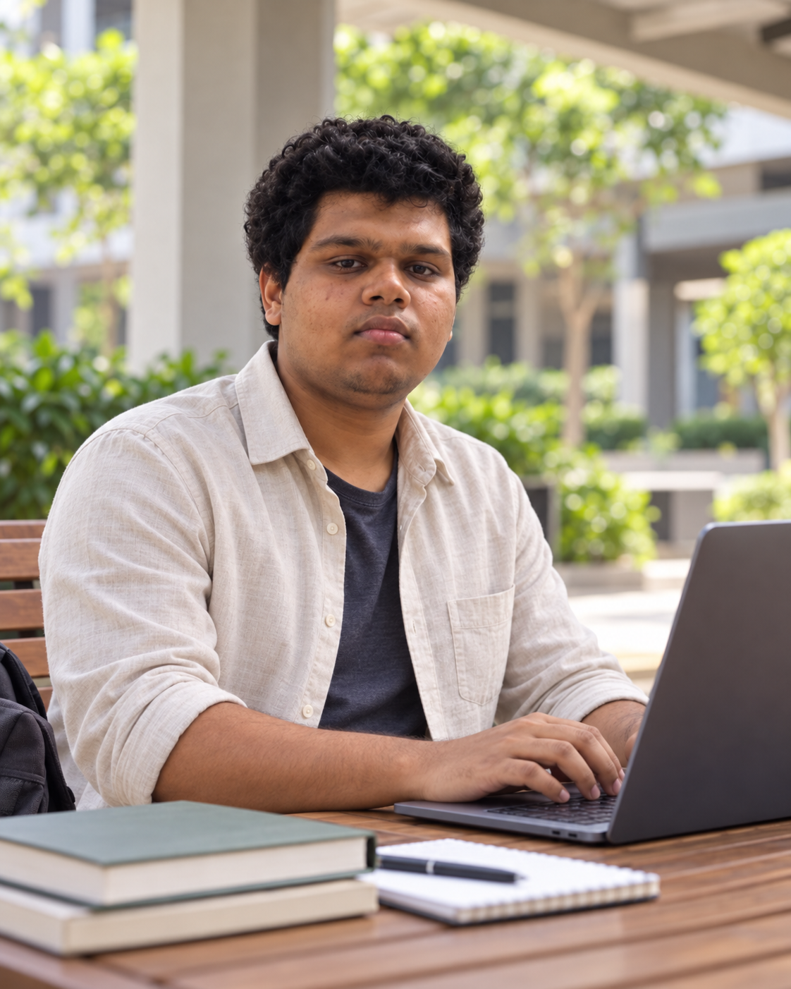 Conceptual portrait of Yethikrishna R in a courtyard, taking a break from engineering work.