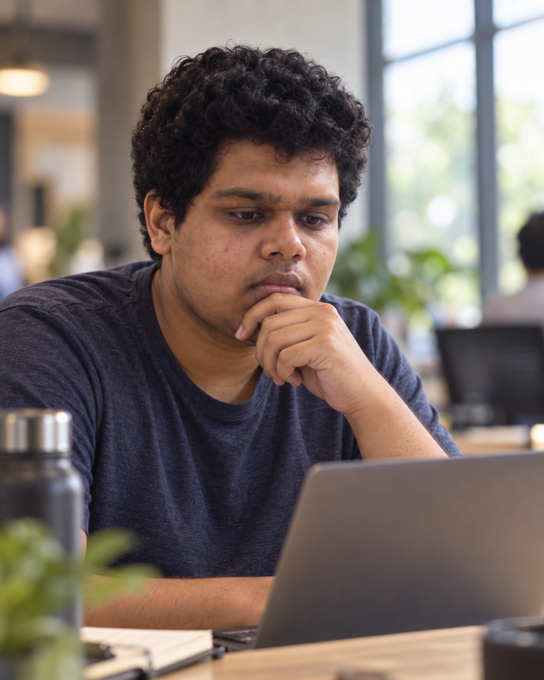 Conceptual candid-style portrait of Yethikrishna R, founder of Mynd Labs, working at a laptop.