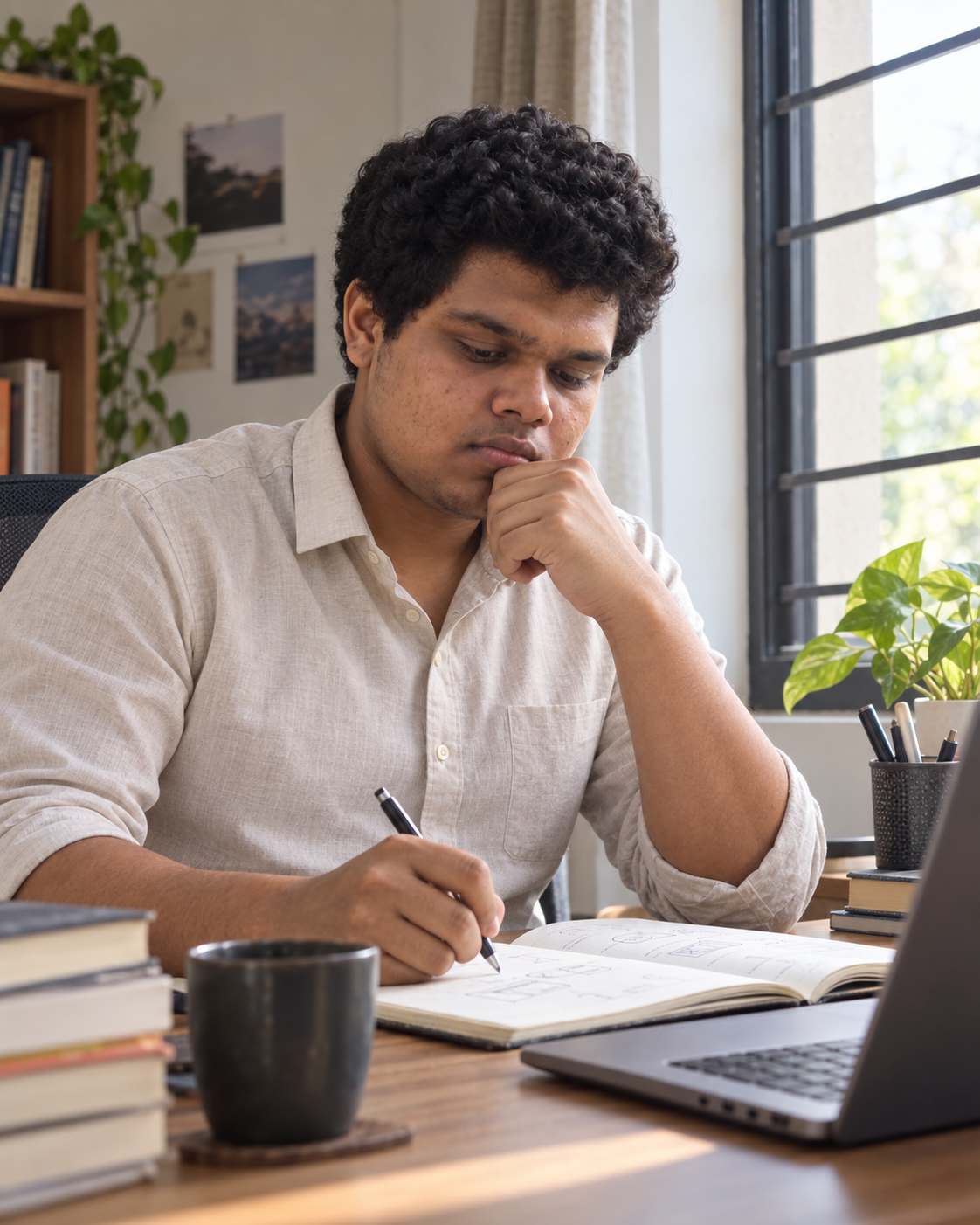 Conceptual candid-style portrait of Yethikrishna R, founder of Mynd Labs, sketching ideas in a notebook at a workspace.