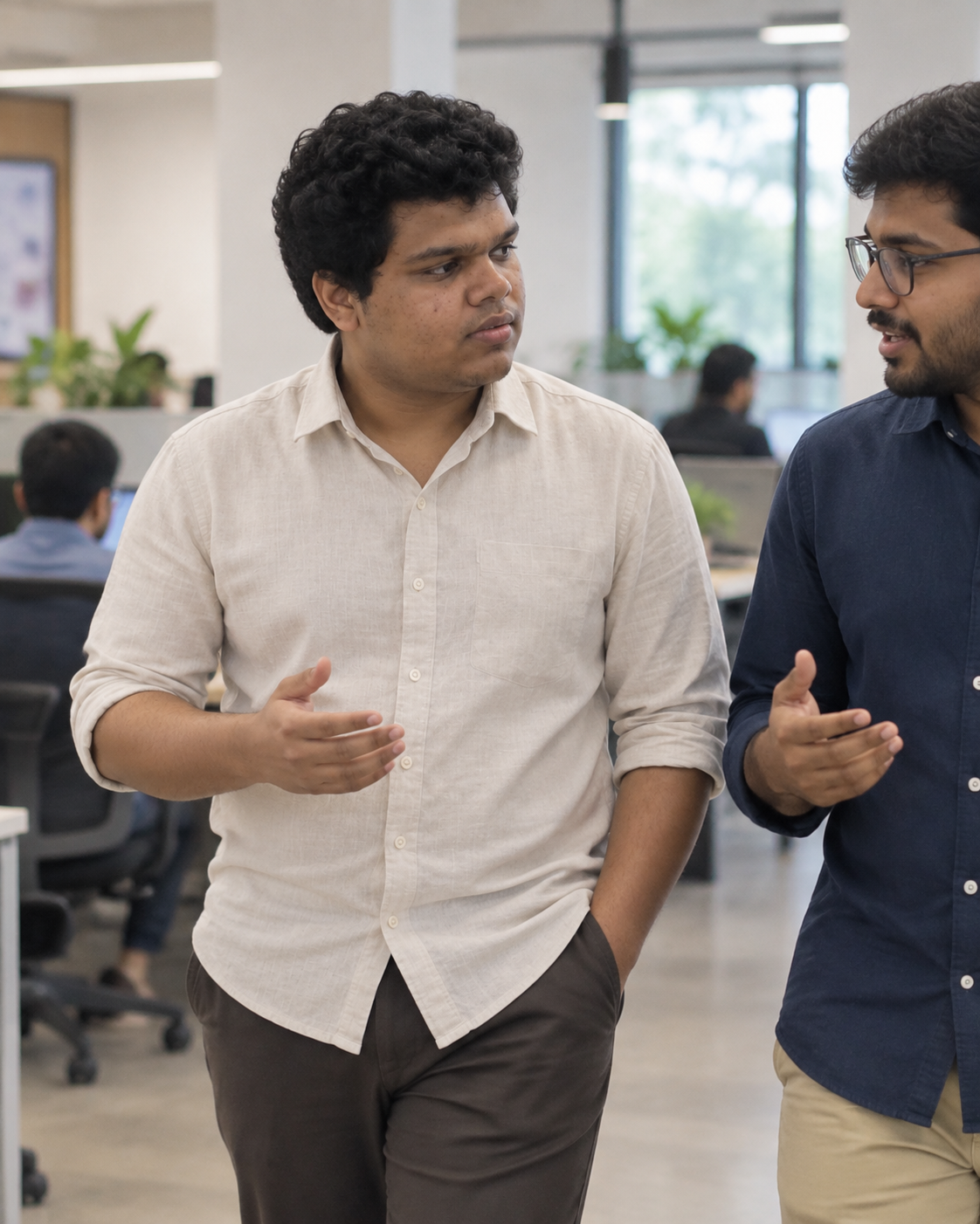 Conceptual candid-style portrait of Yethikrishna R walking and discussing work with another person in an office setting.