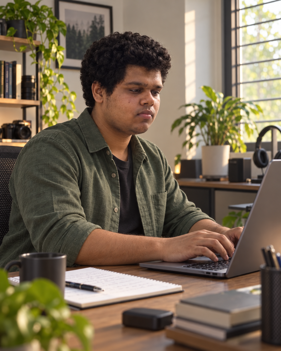 Conceptual portrait of Yethikrishna R as an AI and systems engineer working in a home office setting.