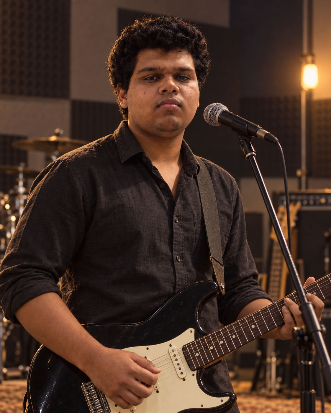 Conceptual portrait of recording artist Yethikrishna R with an electric guitar and microphone in a music rehearsal setting.