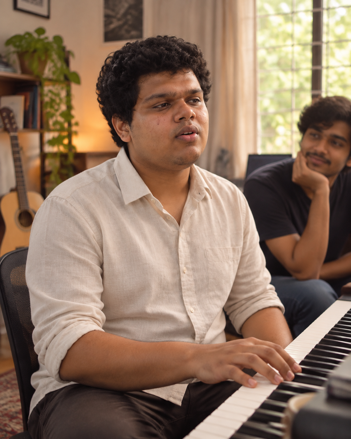 Conceptual candid-style portrait of recording artist Yethikrishna R singing at a piano in an informal music setting.