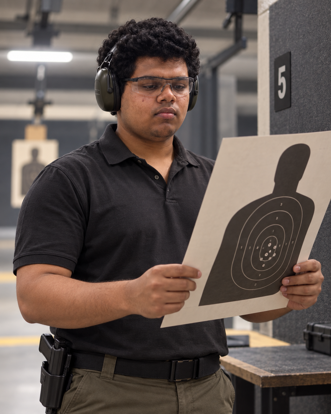 Conceptual portrait of competitive pistol shooter Yethikrishna R reviewing a target in a generic practice-range setting.